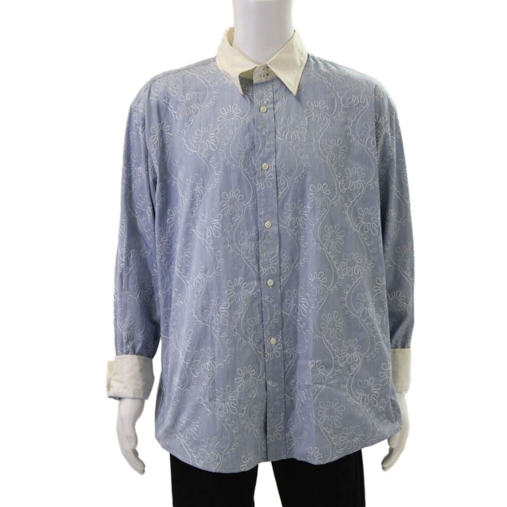 Faconnable Mens Cotton Embroidered Collared Button Down Shirt Blue Size XL